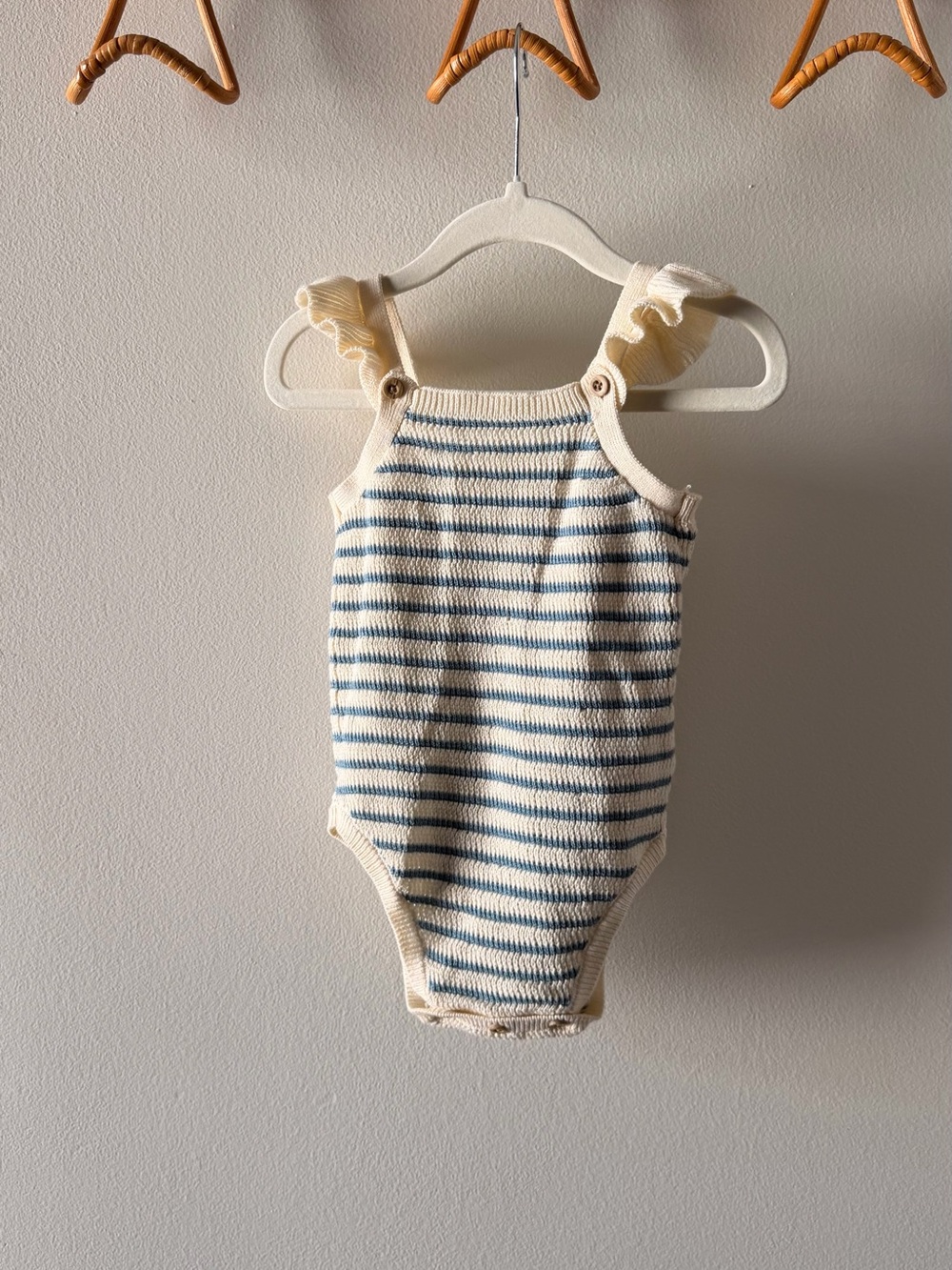 cloud island Cream and Blue Striped Knit Baby One-Piece